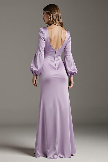 Robe longue formelle à manches fourreau en satin violet clair